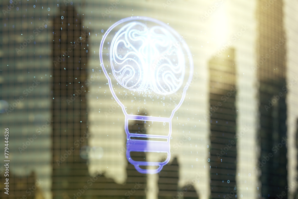 Poster double exposure of abstract virtual creative light bulb hologram with human brain on modern skyscrap