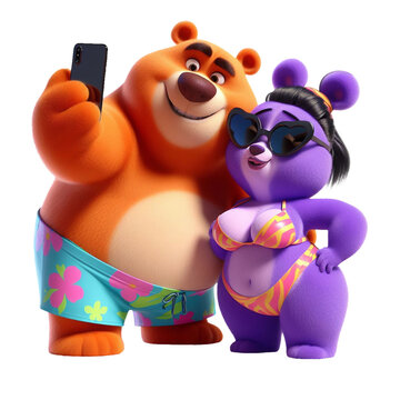 couple teddy bears in love wearing black fashionable sunglasses takes a selfie isolated on PNG background. Generative AI.