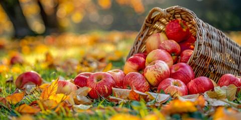 Autumn Harvest: Fresh Apples Spill from Wicker Basket on Leaf-Covered Ground