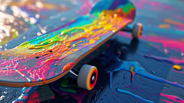 Colorful skateboard with a dynamic splash of rainbow paint AI Generative.