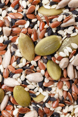 Seeds mix background. Sunflower, black and white sesame, flax and pumpkin seeds. Top view. Close-up