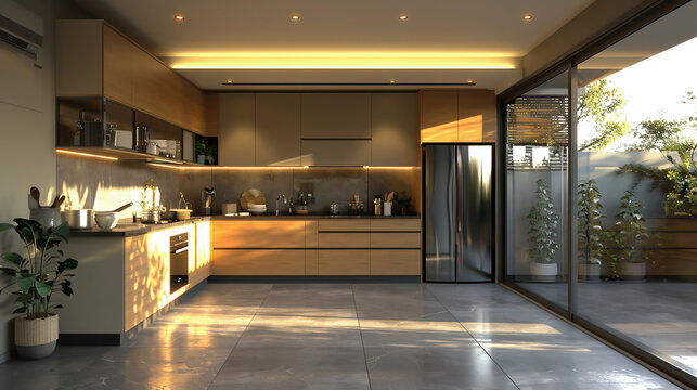 a front facing elegant kitchen with grey floor, few props, beautiful interior design, natural light environment, cinematic style, include an oven, refrigerator, and dishwasher