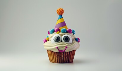 Cupcake with googly eyes and party hat