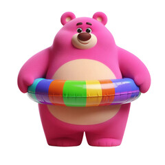 Large and funny pink bear in a large bright swimming ring isolated on PNG background. Generative AI.