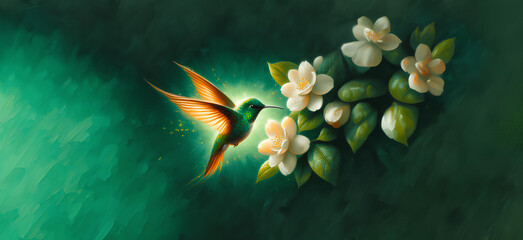  Hummingbird in Flight with Tropical Wild Nature Flowers on Green Abstract Texturized Degradé and Bokeh Background