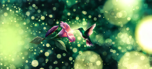  Hummingbird in Flight with Tropical Wild Nature Flowers on Green Abstract Texturized Degradé and Bokeh Background