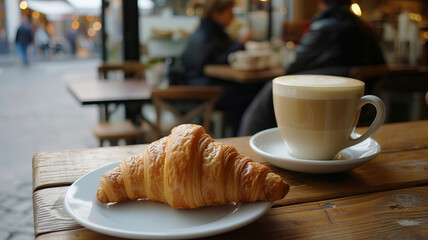 A classic French breakfast with a fresh croissant and creamy coffee at an outdoor caf_ in Paris AI Generative.