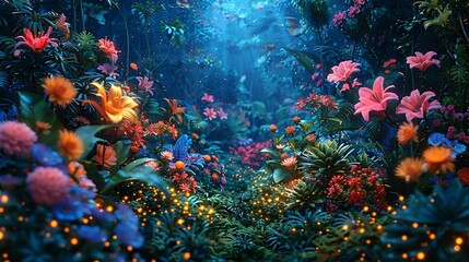Fototapeta na wymiar An enchanting nighttime tropical garden scene, illuminated by fireflies, showcasing a variety of exotic flowers and plants.