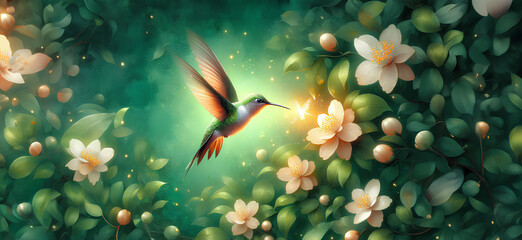  Hummingbird in Flight with Tropical Wild Nature Flowers on Green Abstract Texturized Degradé and Bokeh Background
