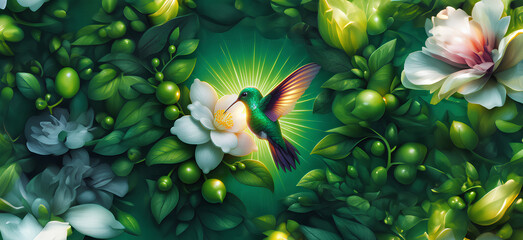  Hummingbird in Flight with Tropical Wild Nature Flowers on Green Abstract Texturized Degradé and Bokeh Background