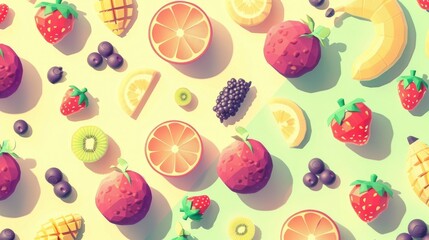 Fruits pattern in shadow play style, pastel colored background, isometric, top view