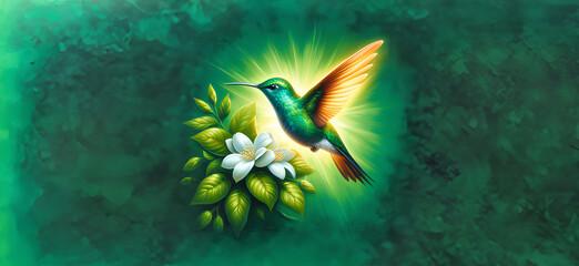  Hummingbird in Flight with Tropical Wild Nature Flowers on Green Abstract Texturized Degradé and Bokeh Background