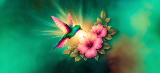  Hummingbird in Flight with Tropical Wild Nature Flowers on Green Abstract Texturized Degradé and Bokeh Background