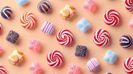 Candies pattern in shadow play style, pastel colored background, isometric, top view