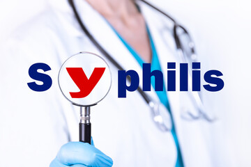 SYPHILIS text is written on the background of a doctor holding a magnifying glass. Medical concept.