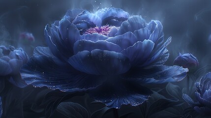 A detailed illustration of a solitary, dark purple peony against a matte black background, surrounded by a halo of mist. - obrazy, fototapety, plakaty