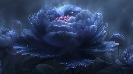 Foto op Plexiglas A detailed illustration of a solitary, dark purple peony against a matte black background, surrounded by a halo of mist. © TranNgoc