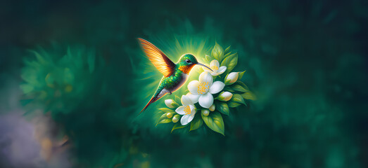  Hummingbird in Flight with Tropical Wild Nature Flowers on Green Abstract Texturized Degradé and Bokeh Background