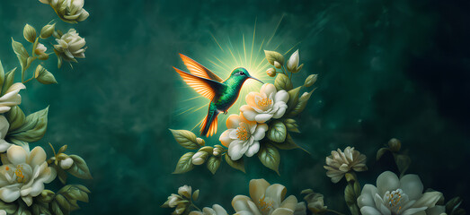  Hummingbird in Flight with Tropical Wild Nature Flowers on Green Abstract Texturized Degradé and Bokeh Background