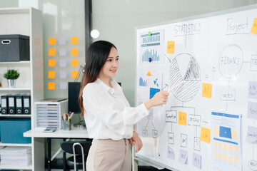 Asian businesswoman holding a pen taking note on note-paper attached to a mirror as a reminder laptop and tablet on the desk.