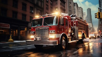 Fire truck with emergency lights on the street - obrazy, fototapety, plakaty