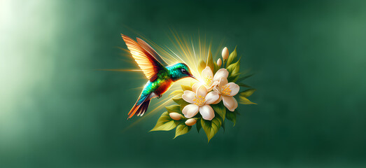  Hummingbird in Flight with Tropical Wild Nature Flowers on Green Abstract Texturized Degradé and Bokeh Background