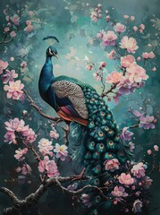 colorful peacock with pink flowers - 779446765
