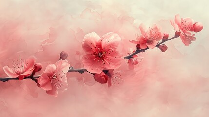 A minimalist artistic rendering of a single cherry blossom branch against a washed-out pastel background. - obrazy, fototapety, plakaty