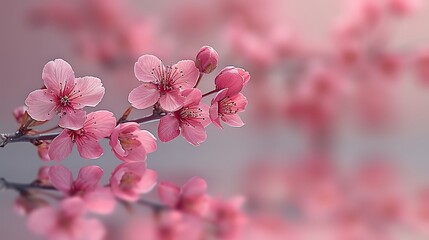 A minimalist artistic rendering of a single cherry blossom branch against a washed-out pastel background. - obrazy, fototapety, plakaty