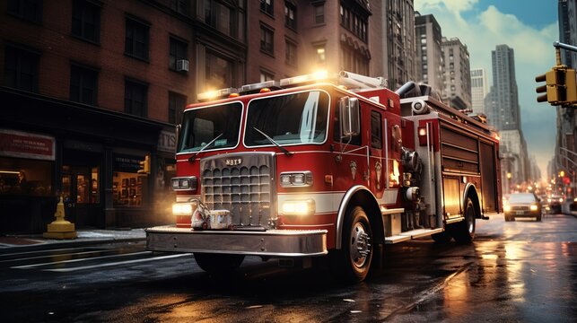 Fire truck with emergency lights on the street