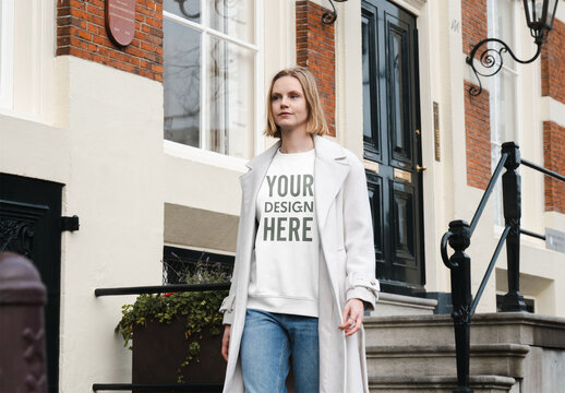 Mockup of woman in customizable top and long jacket