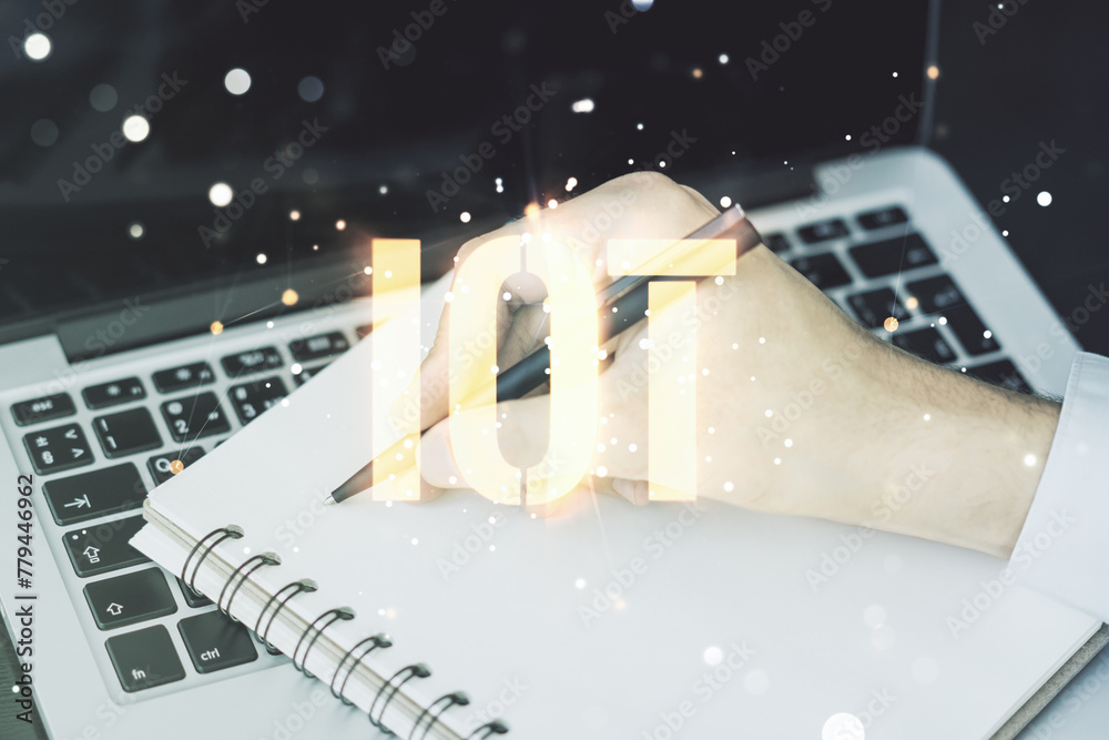 Poster Double exposure of creative IOT hologram with hand writing in notebook on background with laptop, research and development concept