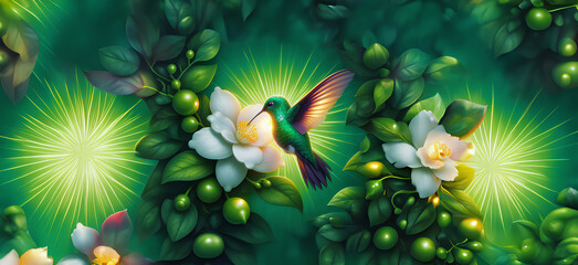  Hummingbird in Flight with Tropical Wild Nature Flowers on Green Abstract Texturized Degradé and Bokeh Background