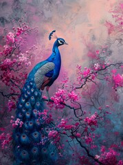colorful peacock with pink flowers - 779446931