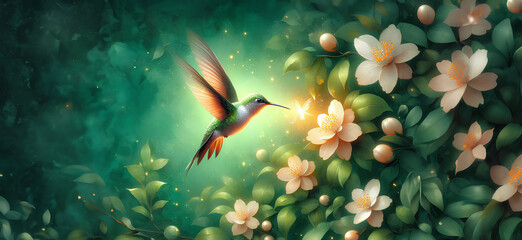  Hummingbird in Flight with Tropical Wild Nature Flowers on Green Abstract Texturized Degradé and Bokeh Background