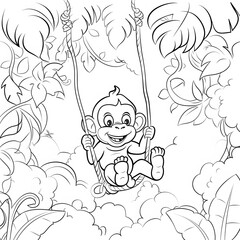 coloring page for kids, cute monkey swinging in the jungle
