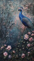 colorful peacock with pink flowers - 779447101