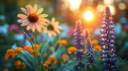 A peaceful scene of an herbal garden at dusk, featuring a variety of medicinal plants including echinacea, sage, and rosemary.