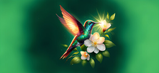  Hummingbird in Flight with Tropical Wild Nature Flowers on Green Abstract Texturized Degradé and Bokeh Background - obrazy, fototapety, plakaty