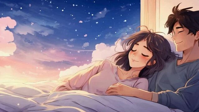The couple lies side by side in bed, sharing their hopes and dreams for the future as they drift off to sleep in each other's arms, cute romantic couple Lofi anime animation.