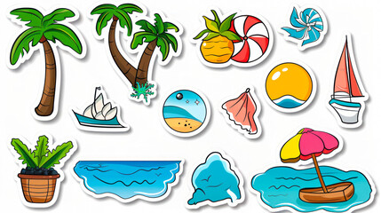 Colorful Summer stickers set in cartoon style. Summer holidays design elements - accessories, tropical plants, beach items, travel and vacation objects on white background