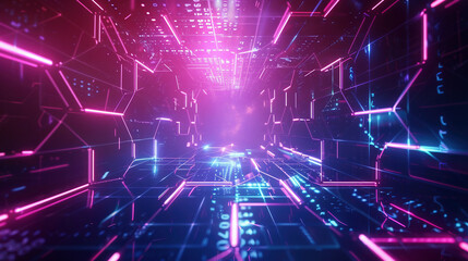 Neon Cyberspace Blue Lights with Grid Lines, Futuristic Abstract Texture, Energy 3D Glow Lines, Laser Association. Digital Space Background.