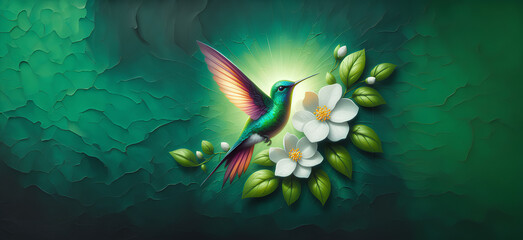  Hummingbird in Flight with Tropical Wild Nature Flowers on Green Abstract Texturized Degradé and Bokeh Background