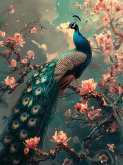 colorful peacock with pink flowers - 779447389