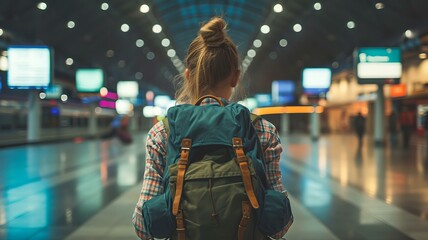 Young woman with backpack on his back waiting at airport or large train station, view from behind., AI Generative - obrazy, fototapety, plakaty