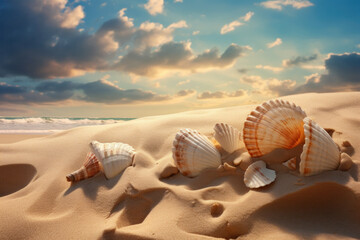 Fototapeta na wymiar Seashells scattered across wind-swept sand dunes, a testament to the sea's treasures, AI Generative.