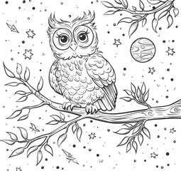 coloring page for kids, cute owl on a tree branch in space
