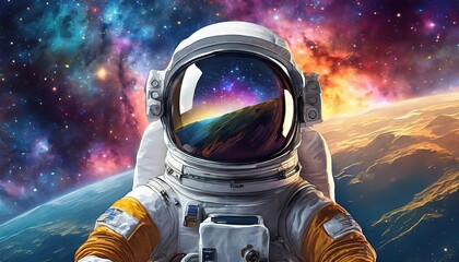 Astronaut with a full black visor against a colorful nebula