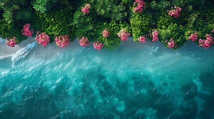 An aerial view of a tropical paradise, capturing the sprawling beauty of a vibrant rainforest meeting the azure sea.