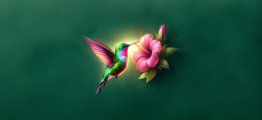  Hummingbird in Flight with Tropical Wild Nature Flowers on Green Abstract Texturized Degradé and Bokeh Background